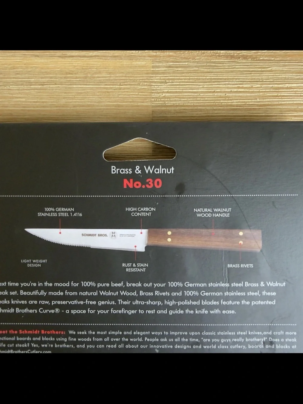 Schmidt Brothers German Stainless Steel Steak Knives 4 Piece Set Walnut Brass